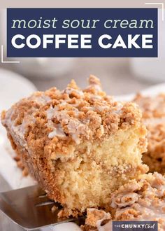 a close up of a piece of coffee cake on a plate with the words, moist sour cream coffee cake