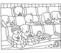 a black and white drawing of teddy bears in an auditorium