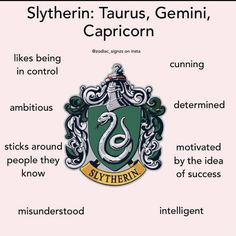 a green and yellow harry potter badge with the words sly, taurus, genni,