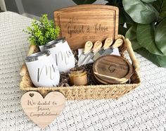 a basket filled with personalized items on top of a table