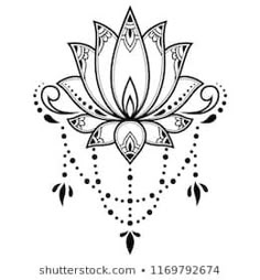 a black and white drawing of a lotus flower on a white background with an ornate design