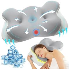 a woman is sleeping on an inflatable pillow with ice cubes around her