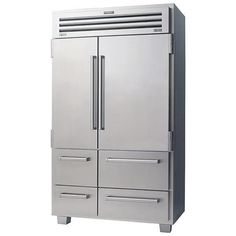 a large stainless steel refrigerator freezer sitting on top of a white floor next to a wall