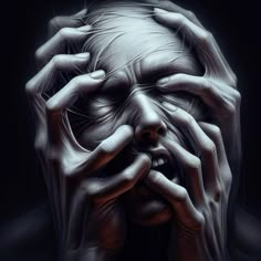 a man with his hands on his face and eyes covered by the dark, artistic image