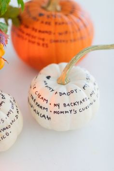 two small pumpkins with words written on them