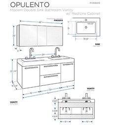 a drawing of a bathroom vanity with two sinks and one cabinet, all in white