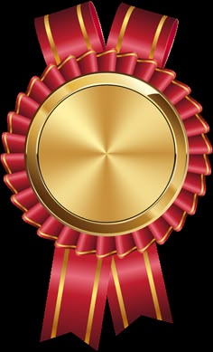 a gold medal with red ribbons on it