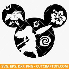 the silhouette of mickey mouse with flowers and an animal on it's head, in black and white