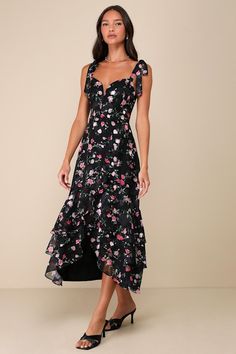 Everyone will be in awe of your charming style when you step onto the scene in the Lulus So Elevated Black Floral Jacquard Tie-Strap High-Low Midi Dress! Airy woven chiffon boasts a vibrant floral print and tonal floral jacquard design as it shapes a princess-seamed bodice, a sweetheart neckline (with a notched detail and a supportive V-bar), and long straps that tie at the shoulders. The high, fitted waist tops a skirt with a faux wrap-style silhouette, tiered ruffled details, and a high-low mi Lulus Cocktail Dress, Black Dress With Sweetheart Neckline For Garden Party, Black Sweetheart Neckline Dress For Garden Party, Party Midi Dress With Adjustable Ruffled Straps, Black Sleeveless Dress With Bow Straps, Black Midi Dress With Ruffled Straps For Summer, Black Spring Midi Dress With Ruffled Straps, Black Midi Dress With Ruffled Straps For Spring, Black Midi Dress With Tie Straps