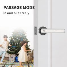 a couple of kids standing in front of a door with the words passage mode in and out freely