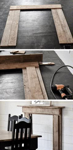 two pictures showing how to make a diy dining room table with wood planks