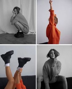 four different pictures of women in sweaters and shoes