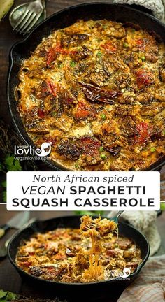 an image of a dish with vegetables in it and the words north african spiced vegan spaghetti squash casserole