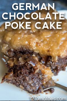 a piece of german chocolate poke cake on a plate