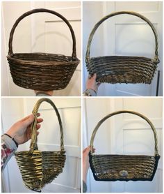 four different pictures showing how to make a wicker basket