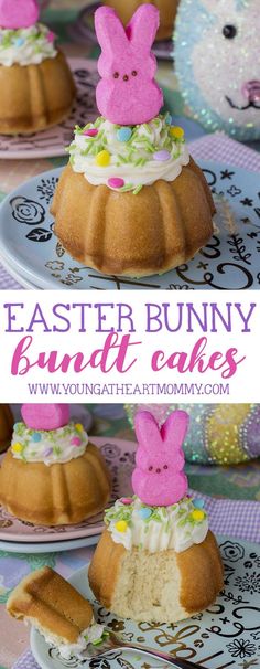 easter bunny bundt cakes with white frosting and pink icing on top are shown