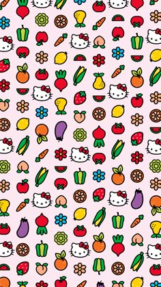 the hello kitty wallpaper has many different fruits and vegetables on it