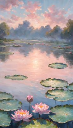 a painting of water lilies and clouds in the sky