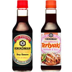 two bottles of kimkoman and soy sauce on a white background, one with an orange cap