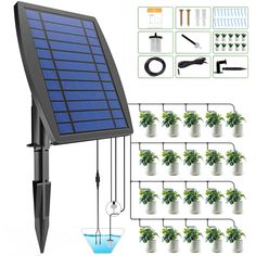 the solar powered garden light is attached to a pole with several plants and watering hoses