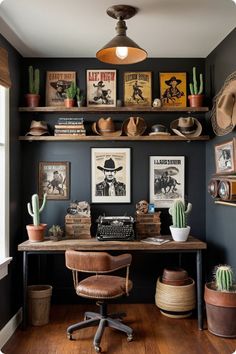 a home office with an old typewriter, cactus and pictures on the wall above it