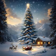 a christmas tree in the middle of a snowy landscape with santa's sleigh