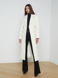 L'AGENCE - Olina Long Wool-Blend Coat in Ivory Tailored Belted Long Wool Coat, Tailored Long Belted Wool Coat, Tailored Long Wool Coat With Belt, Chic Belted Wool Coat, Luxury Belted Wool Coat For Office, Luxury Belted Wool Office Coat, Chic Long Single-breasted Outerwear, Luxury Long Wool Coat For Work, Chic Wool Coat For Work With Hidden Button Closure