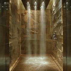 a large shower with water coming out of it's sides and lights on the side