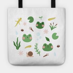 Frogs and other pond creatures and plants :) -- Choose from our vast selection of tote bags to match with your desired size to make the perfect custom tote. Pick your favorite: Movies, TV Shows, Art, and so much more! Available in Single Sided Print or Double Sided Print in small, medium, and large. Perfect for work, class, the beach, and leisure. Pond Creatures, Hand Painted Tote Bags, Tote Bag Painting Ideas, Pond Frog, Painted Canvas Bags, Frog Pond, Bag Painting, Painted Tote, Frog Design