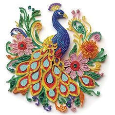 a colorful peacock made out of beads on a white background