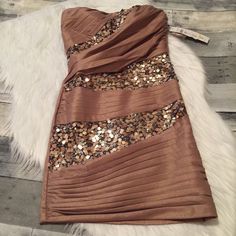 Very Flattering Jump Apparel Sequin Tan Strapless Dress Size 3/4 Brown Fitted Strapless Dress For Party, Strapless Dress Accessories, Fitted Brown Strapless Dress For Party, Strapless Gold Dress For Spring, Overlay Dress, Hoco Dresses, Every Girl, Book Decor, Dream Wardrobe