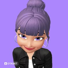 an animated girl with purple hair and big eyes wearing a black jacket, white t - shirt and silver hoop earrings