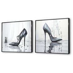 two framed pictures with high heels on them