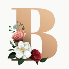 the letter b is made up of flowers and leaves on top of it's letters