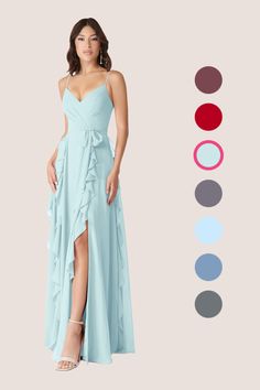 a woman in a blue dress with different colors and shapes to choose from for the bridesmaid