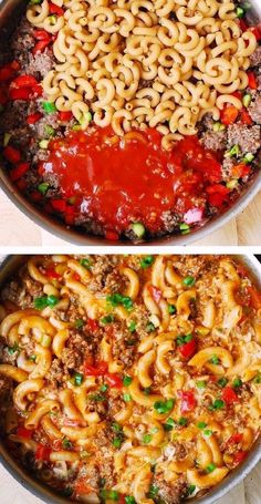 two pictures showing the same meal in different pans, one with noodles and meat