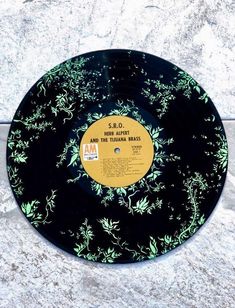 a black and green record with leaves on it sitting on top of a stone wall