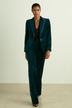 Made from premium plush velvet, the Parisa trousers fit relaxed against the body. Their slim profile flares out at the hem and satin details the side seams. Matching waistcoat and blazer. Velvet construction. Satin side stripes. Flared leg Slim Fit Blazer, Slim Fit Blazers, Velvet Fashion, Loose Outfit