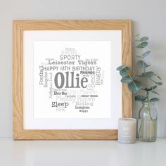 there is a framed photo with words in the shape of an ojie on it