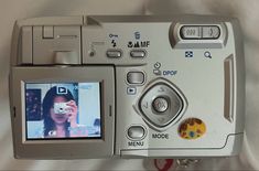 a digital camera with a woman's face on the screen