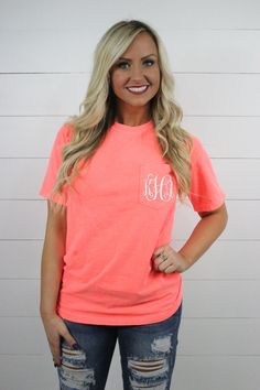 *MAIN PHOTO: Model is wearing the color Neon Red Orange with Vine font. Monogram Short Sleeve Pocket T-shirt with the famous Comfort Colors brand! The monogram is applied with commercial grade white vinyl so your pocket is still accessible! Comfort colors brand, Adult Unisex sizes 100% Cotton MONOGRAM INSTRUCTIONS - Monogram initials should be given in first, last, middle order. Example: Harper Paisley Whitman would be HWP We will not rearrange the order of your monogram. We will print your mono Monogram Pocket Tees, Vine Font, Pocket Letter, Pocket Letters, Ladies Tee Shirts, Tees For Women, Photo Styling, Pocket Tshirt, Monogram Initials