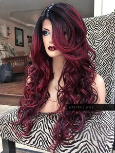 Black And Red Ombré Hair, Black To Wine Red Ombre Hair, Naturally Wavy Hair Cuts, Red Ombre Wig, Dark Red To Bright Red Ombre, Black To Red Ombre, Ombre Wig