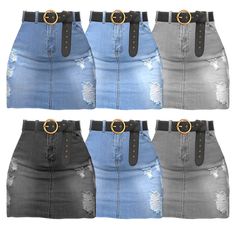 four different styles of denim skirts with gold buckles on each side and one in the middle