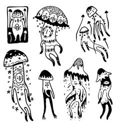 four different drawings of people with umbrellas and other things in the background, one is black and white