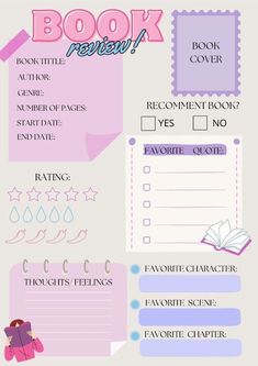 the book review checklist is shown in pink and purple