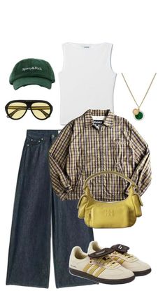 an outfit with sunglasses, hat and handbag is shown on the white background in this image