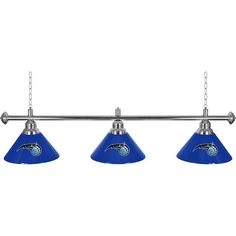 three blue lights hanging from a metal bar with dolphins on the bottom and one light in the middle