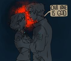 two people standing next to each other in front of a red light with the words our love is god