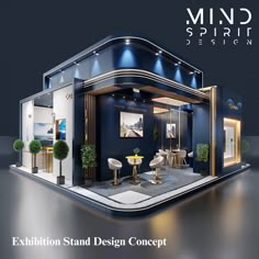 an exhibition stand design concept with blue walls and gold trimmings on the front