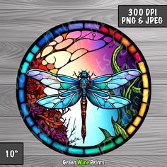 a stained glass window with a dragon sitting on it's back legs and wings